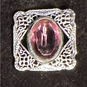 Silver-tone Filigree Brooch with Pink Oval Cabochon